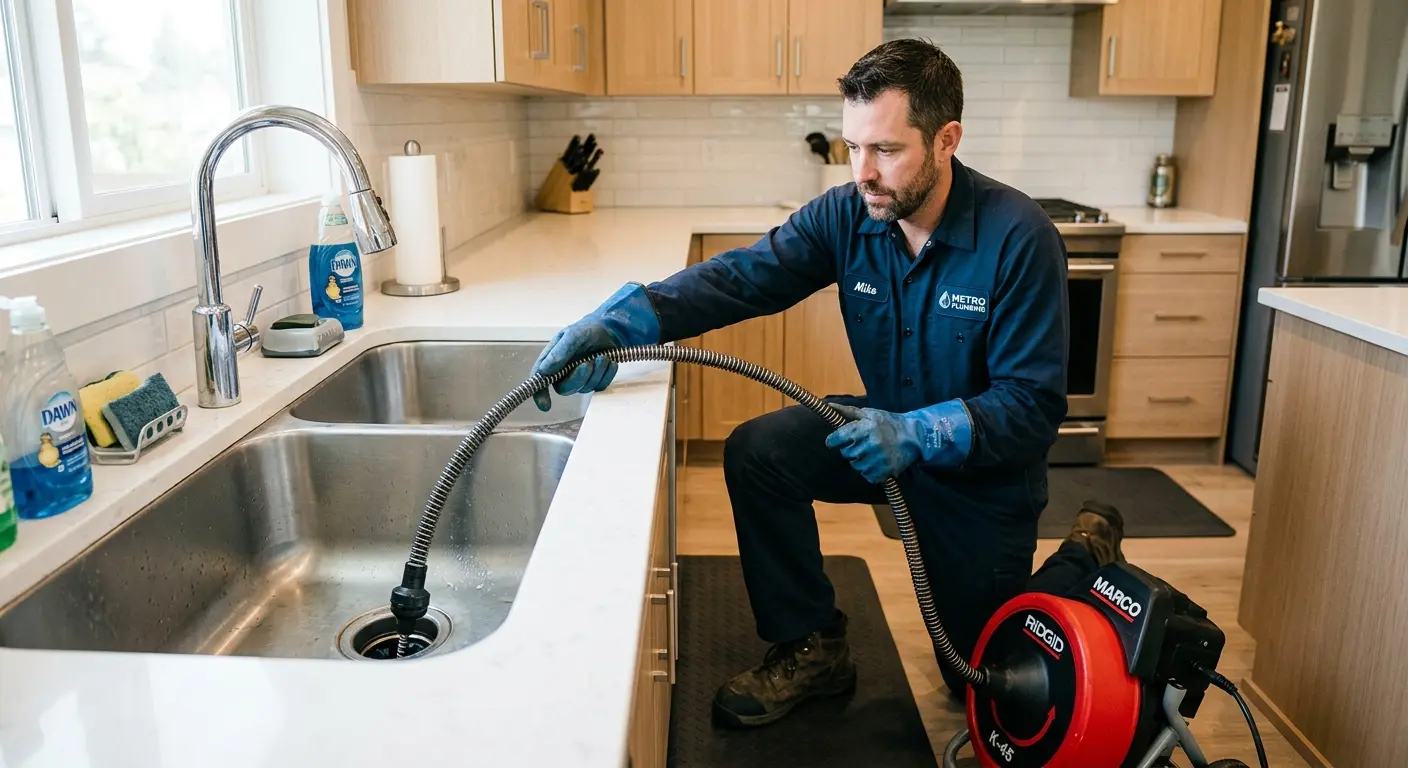 Drain cleaning technician using a motorized snake on a kitchen sink in Warrenville