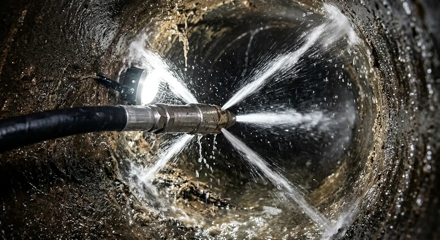 High-pressure hydro jetting nozzle cleaning sewer pipe for Trenchless Sewer Repair in Warrenville