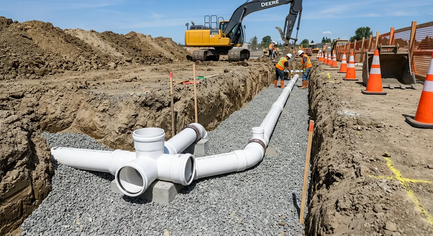 New PVC sewer pipe installation in open trench for Sewer Backup in Warrenville