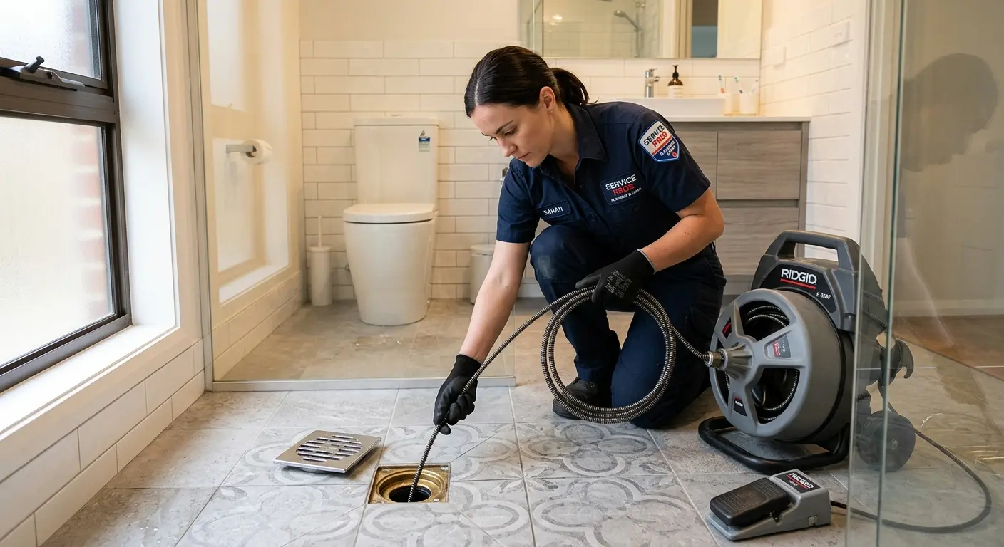 Technician clearing a bathroom floor drain for Sewer Line Replacement in Warrenville
